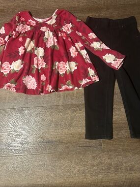 💕3/20Girls Floral Red Long-Sleeve Top with Black Leggings
